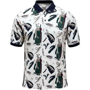 Sergio Tacchini Polo Men XL Vintage White All Over Golf Print Short Sleeve Shirt